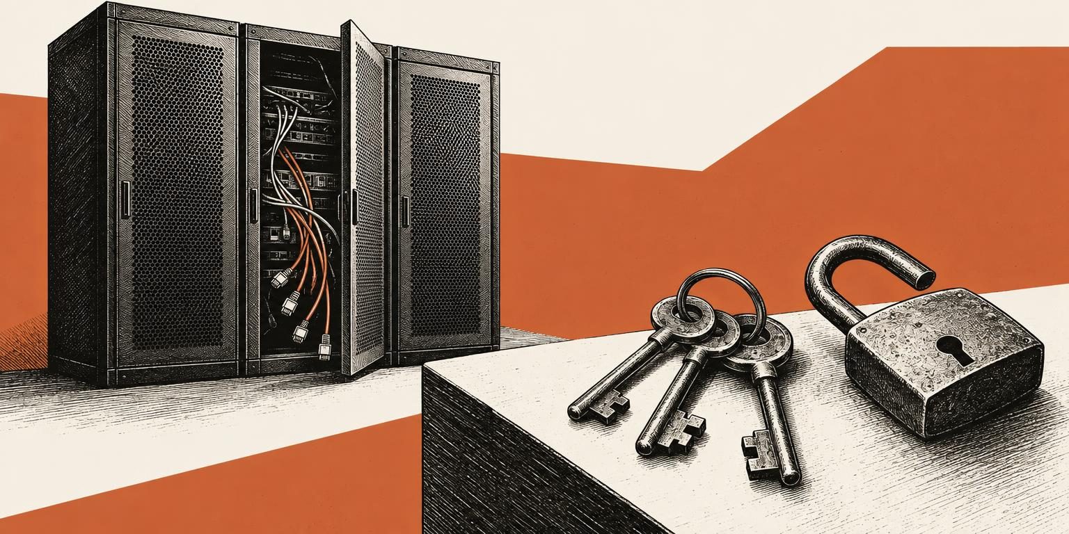 Ilustração editorial com servidores em gravura preta, porta entreaberta e um cadeado aberto com chaves sobre fundo marfim e coral.