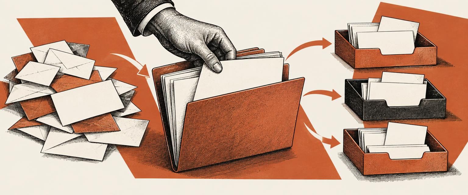 Ilustração editorial em preto, marfim e coral mostrando mão em gravura que confere pastas e envelopes em branco distribuídos em bandejas de triagem.