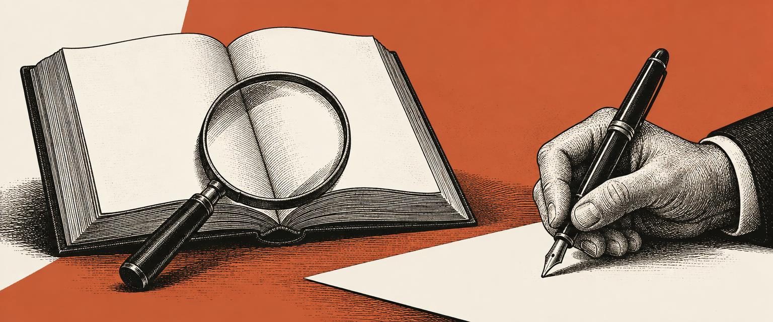 Ilustração editorial com traço de gravura sobre fundo marfim e coral, mostrando uma mão com caneta pausada sobre documento em branco ao lado de um livro aberto e uma lupa.