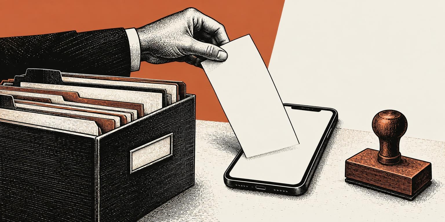 Colagem editorial com mão em gravura transferindo uma folha de uma pasta de escritório para a tela de um smartphone, sobre fundo coral e marfim.