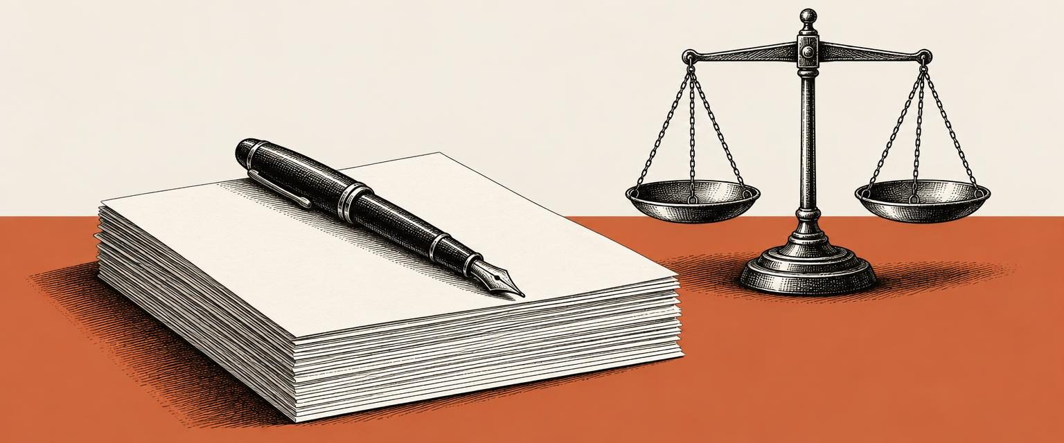Ilustração editorial nas cores coral, marfim e preto, mostrando folhas de papel em branco ao lado de uma caneta-tinteiro em gravura e uma balança de pratos.