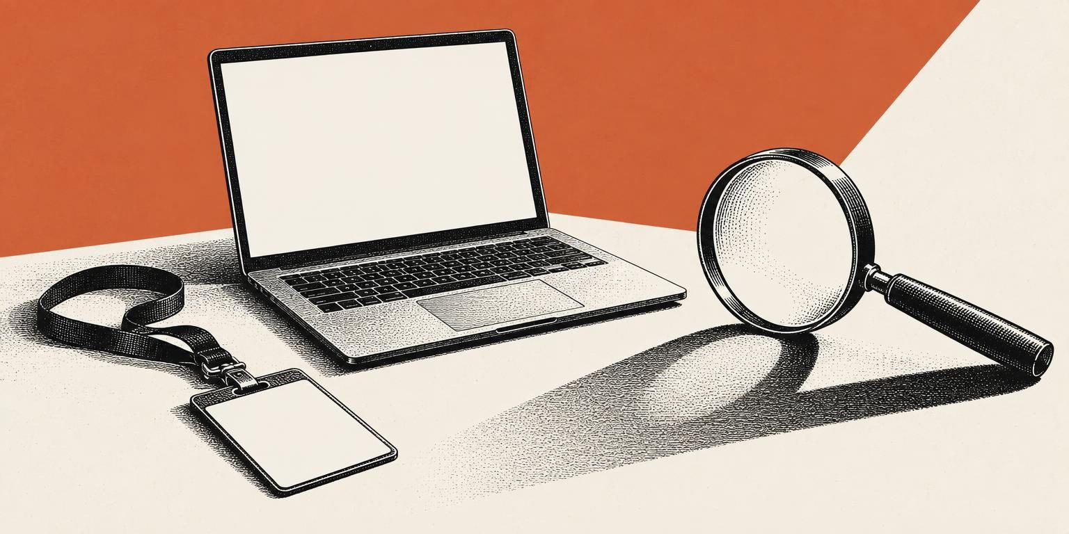 Ilustração em gravura e colagem de um crachá em branco, notebook e lupa sobre uma mesa, em fundo coral e marfim.