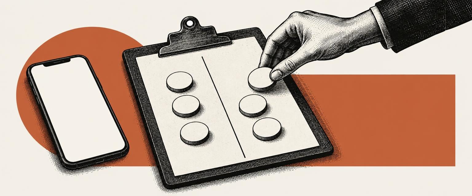 Ilustração editorial com mão organizando fichas em branco em duas colunas ao lado de um celular com tela apagada, em fundo marfim e coral.