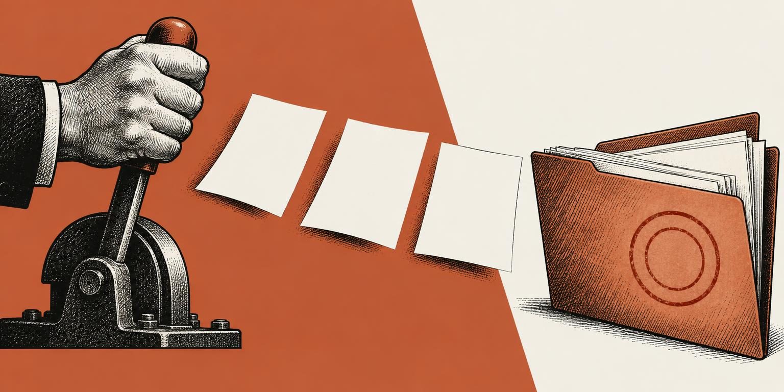 Ilustração editorial em tons de coral, marfim e preto mostrando uma mão puxando uma alavanca manual ao lado de três fichas em branco e uma pasta de processos.