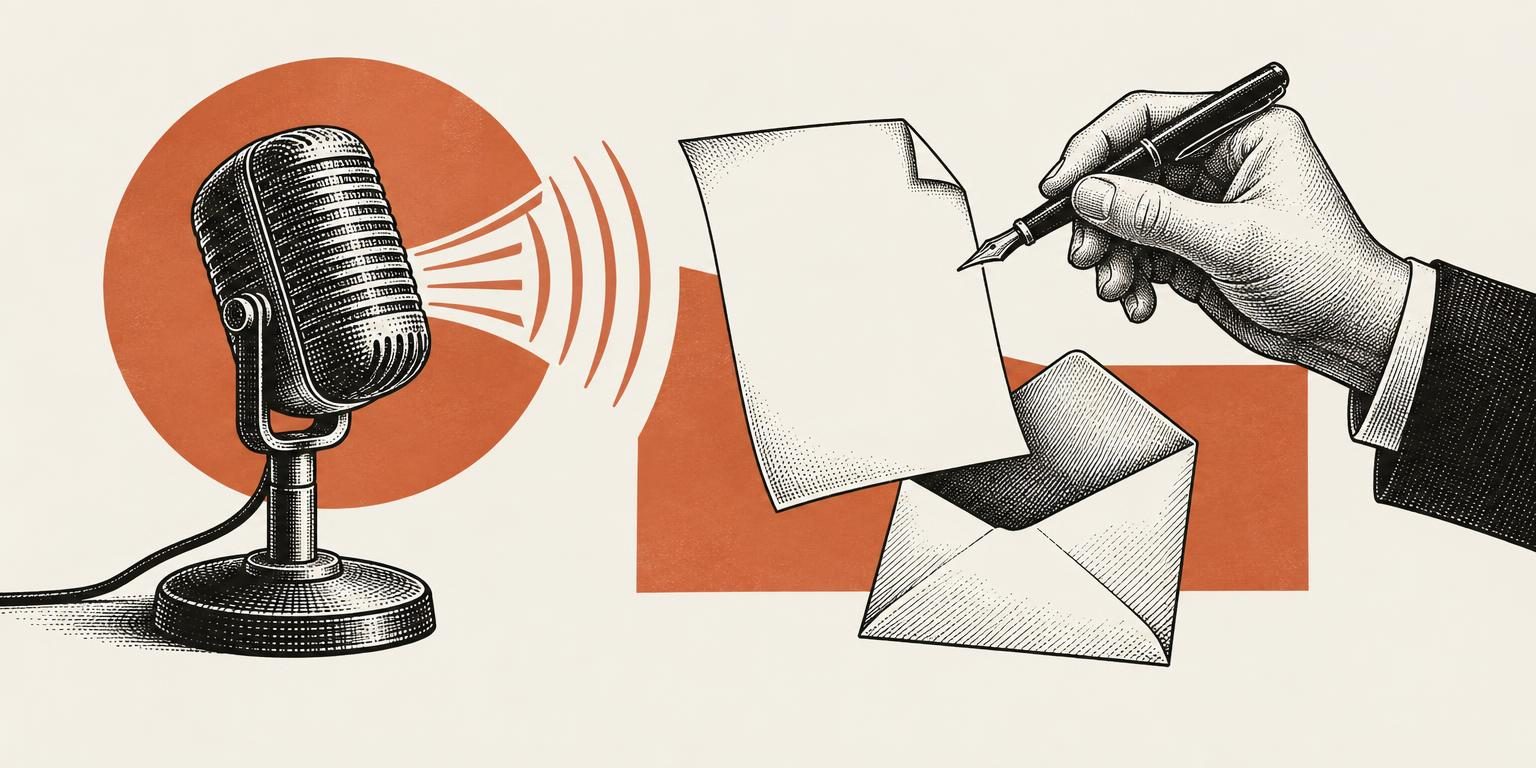 Ilustração editorial com microfone em gravura preta emitindo linhas sonoras em direção a um envelope e uma folha em branco, sob fundo marfim e coral com uma mão segurando uma caneta.