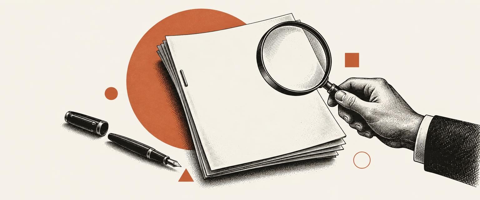 Ilustração editorial em gravura preta sobre tons marfim e coral mostrando páginas em branco de um contrato examinadas com lupa e caneta.