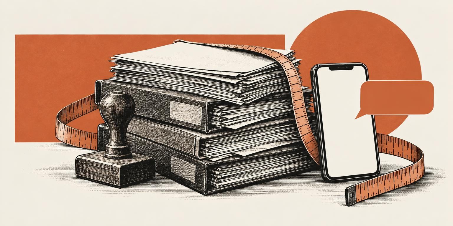 Ilustração editorial com pastas de processo administrativo em branco, carimbo de madeira e smartphone com tela lisa ao lado de uma fita métrica, em tons de coral, marfim e preto.