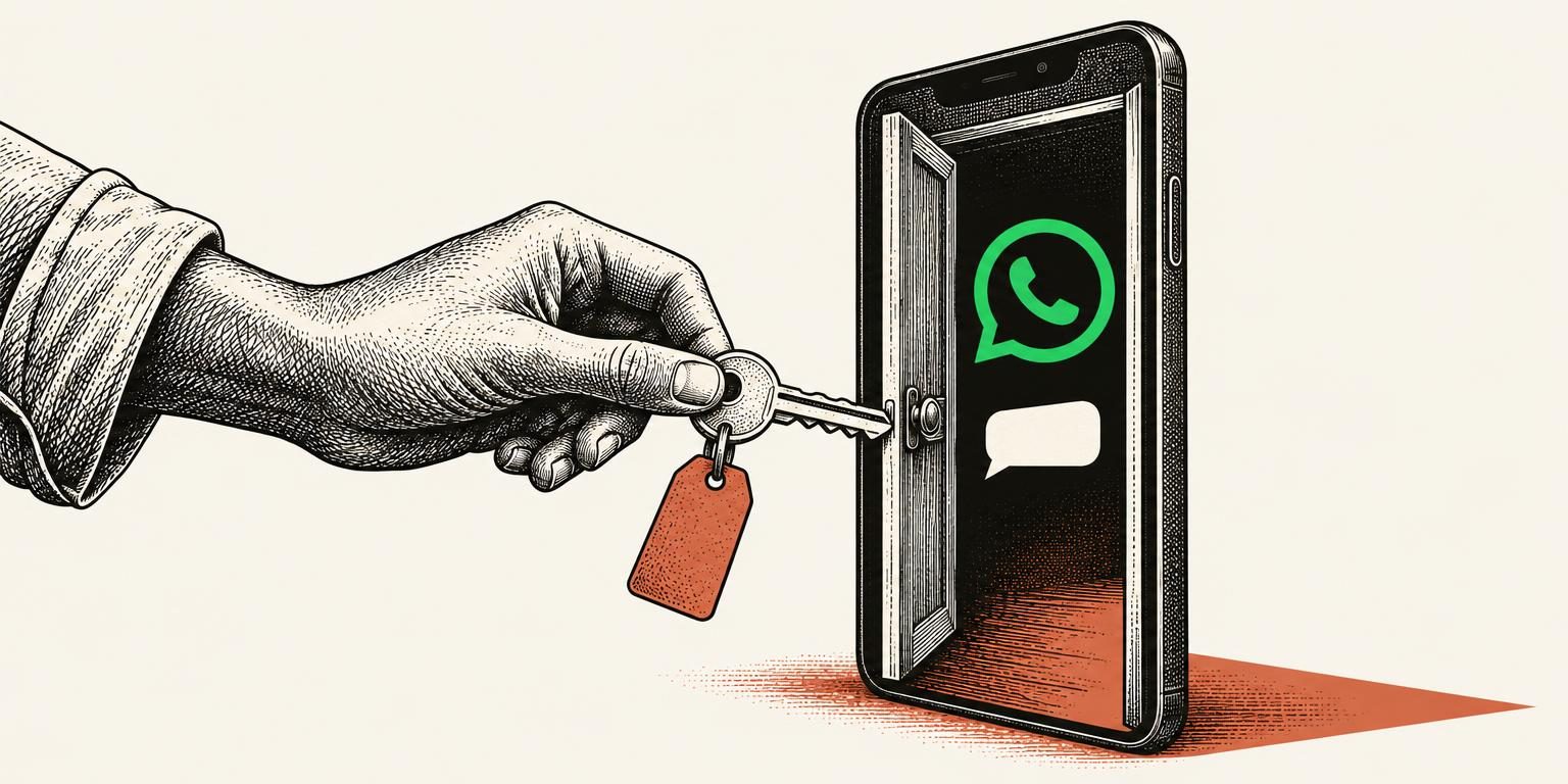 Colagem editorial: o símbolo real do WhatsApp identifica o celular-porta; uma mão segura a chave antes de liberar o acesso.