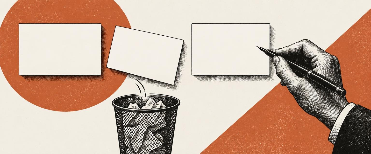 Ilustração editorial com molduras brancas de slides sobre fundo marfim e coral, com uma mão em gravura preta apontando para a lâmina final.