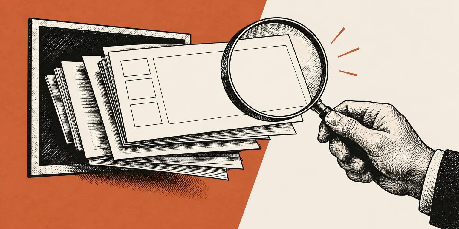 Ilustração em gravura preta sobre fundo coral e marfim mostrando slides e documentos em branco projetando-se de uma moldura, com uma mão segurando uma lupa.