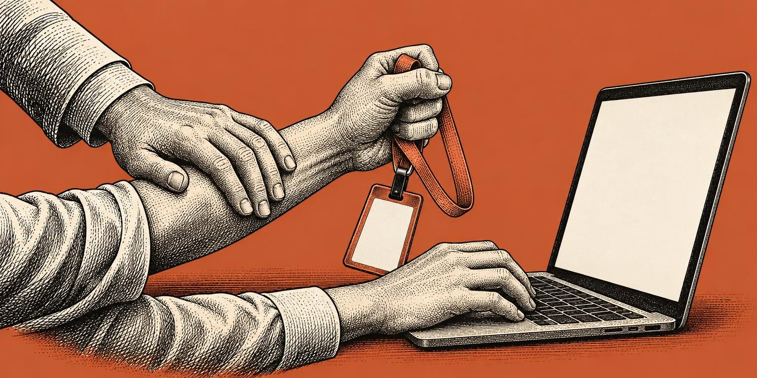 Ilustração editorial: uma mão digita no notebook enquanto a outra aperta um crachá; uma terceira mão apoia o pulso com calma.